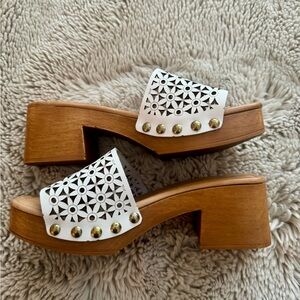Anthropologie White and Brown Cutout Mules